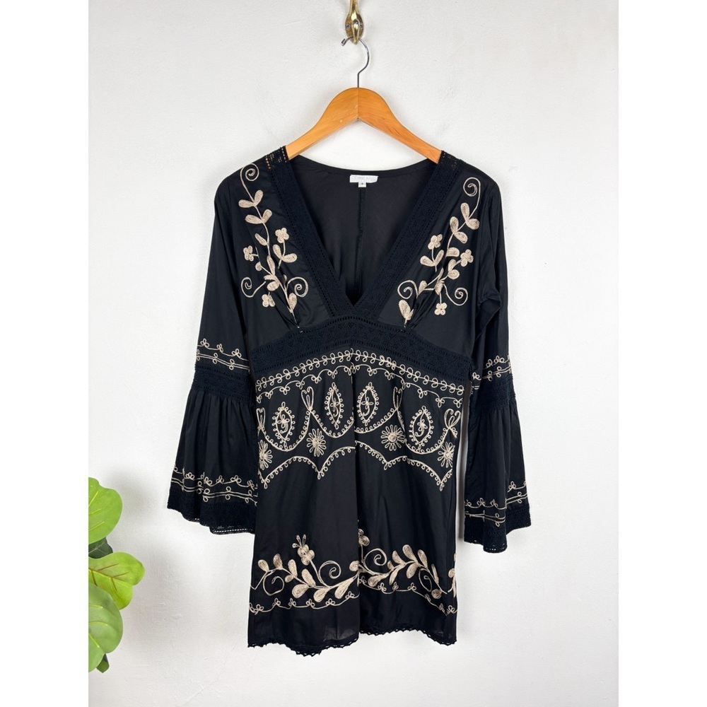 Debbie Katz Embroidered Black Flare Sleeve Mini Dress Sz S